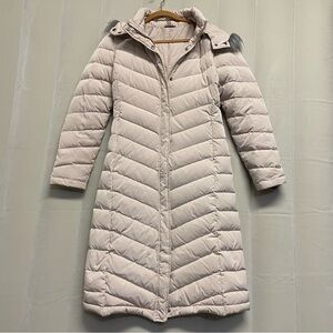 Garnet Hill Women’s Long Puffer Coat Size 2 Hooded Down Full Zip Neutral Cozy